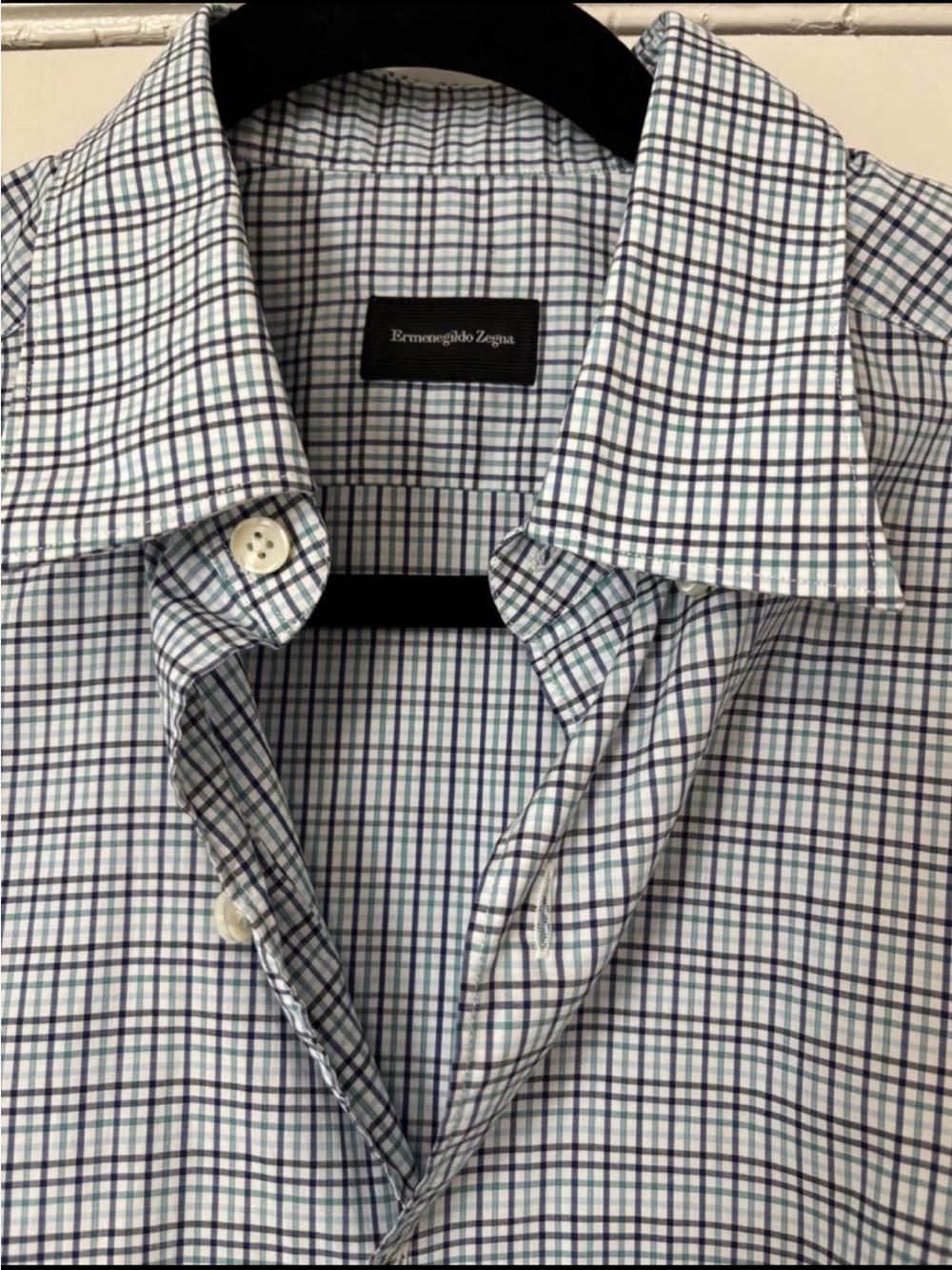 Ermenegildo Zegna White Shirt with Blue and Green Windowpane Checks
